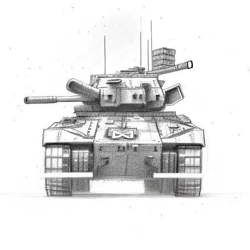 A sketch of a military tank surrounded by books tattoo design idea