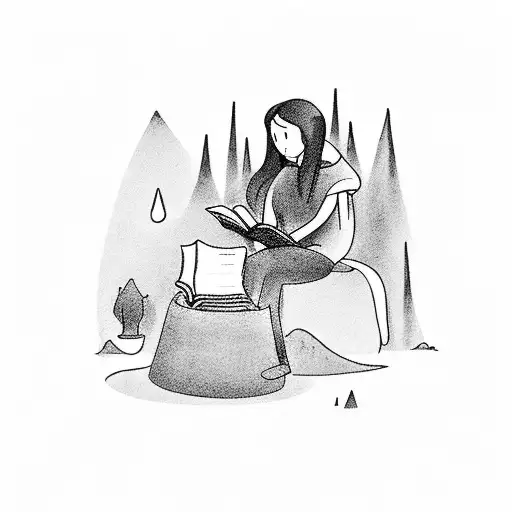 A hauntingly beautiful scene of a figure reading a book by a campfire in the rain tattoo design idea