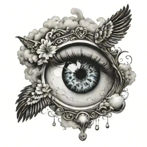 eye with tear drops wings and clouds inside tattoo design idea