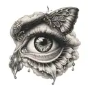 eye with tear drops wings and clouds inside tattoo design idea