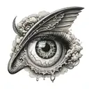 eye with tear drops wings and clouds inside tattoo design idea