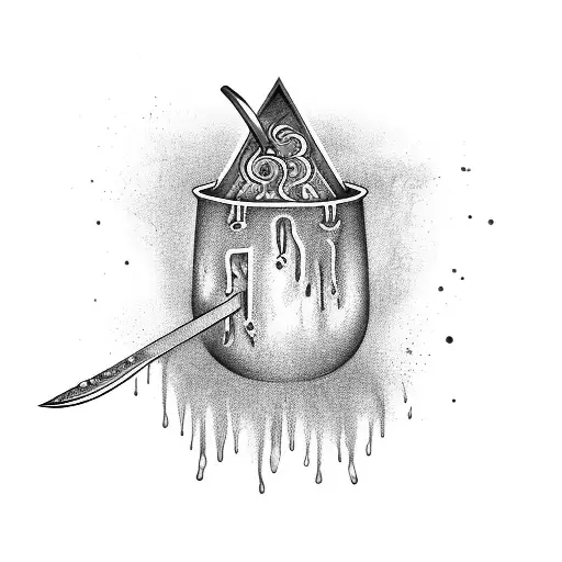 A mesmerizing tattoo depicting a mystical cauldron overflowing with shimmering knives and axes, representing the client's love for both witchcraft and their occupation as a knife maker tattoo design idea