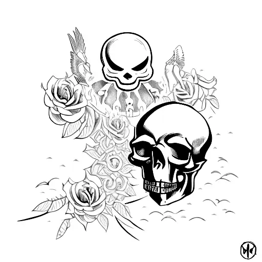 memento mori with a skull and crows pecking  tattoo design idea
