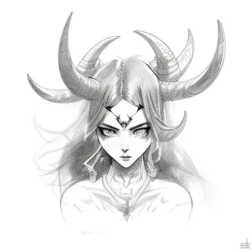 profile portrait, demon girl, girl with horns, long hair, cross on head, tiara tattoo design idea