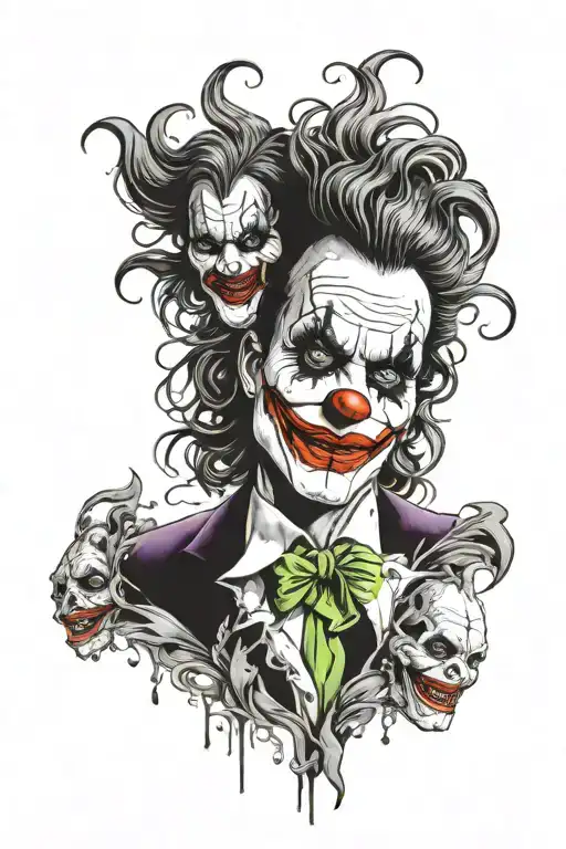 Comedy and tradgey mask woman merged into tradgey mask and joker merged into comedy mask tattoo design idea