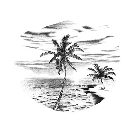 A serene beach scene with palm trees and a waterfall flowing into the ocean tattoo design idea