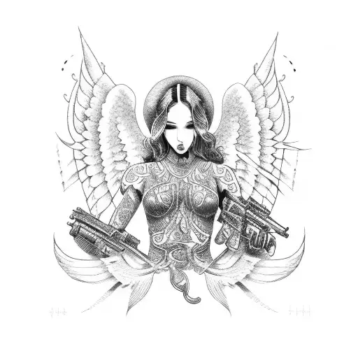 angel with gun surfing on Bali tattoo design idea