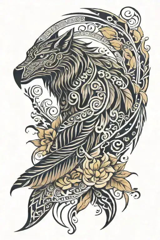 Create a maori arm sleeve tattoo to include Crow, Puma, Wolf, Mother Nature, Maori rebirth symbol, Phoenix, boat  tattoo design idea