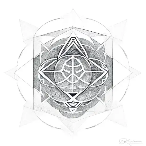 A geometric design incorporating symbols of philosophy and nature, with a hidden basketball and dog silhouette tattoo design idea