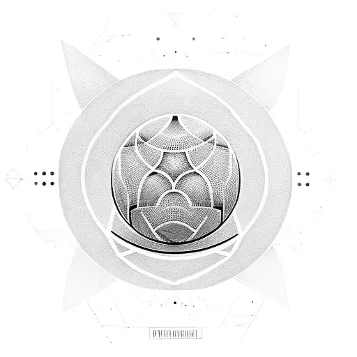 A geometric design incorporating symbols of philosophy and nature, with a hidden basketball and dog silhouette tattoo design idea
