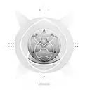 A geometric design incorporating symbols of philosophy and nature, with a hidden basketball and dog silhouette tattoo design idea