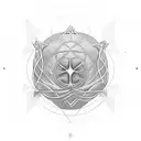 A geometric design incorporating symbols of philosophy and nature, with a hidden basketball and dog silhouette tattoo design idea