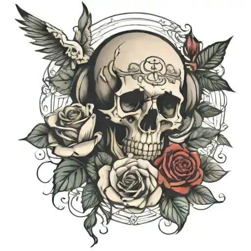 roses, money, prayer hands, real hadt la muerte tattoo design idea