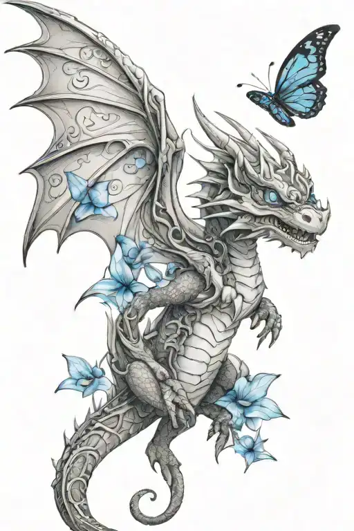 blue eyed dragon surrounded by blue butterflies tattoo design idea