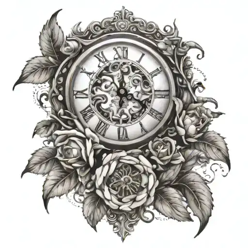 A clock with floral vines growing around it, incorporating a hidden sword design tattoo design idea