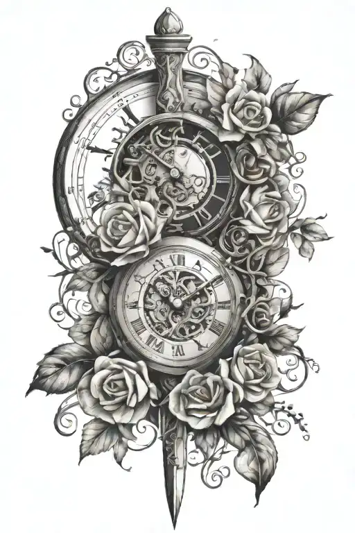 A clock with floral vines growing around it, incorporating a hidden sword design tattoo design idea