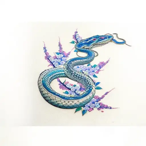 blu cherry blossoms with a snake wrapped around them tattoo design idea