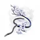blue cherry blossoms with a black snake wrapped around them tattoo design idea