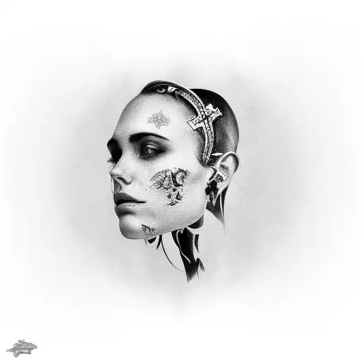 a cross design on the back of the neck that includes 2 names Lourdes and Lucas tattoo design idea