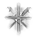 a cross on the back of the neck that includes 2 names in letters which are Lourdes and Lucas tattoo design idea