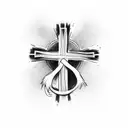 a cross on the back of the neck that includes 2 names in letters which are Lourdes and Lucas tattoo design idea