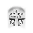 a cross on the back of the neck that includes 2 names in letters which are Lourdes and Lucas tattoo design idea