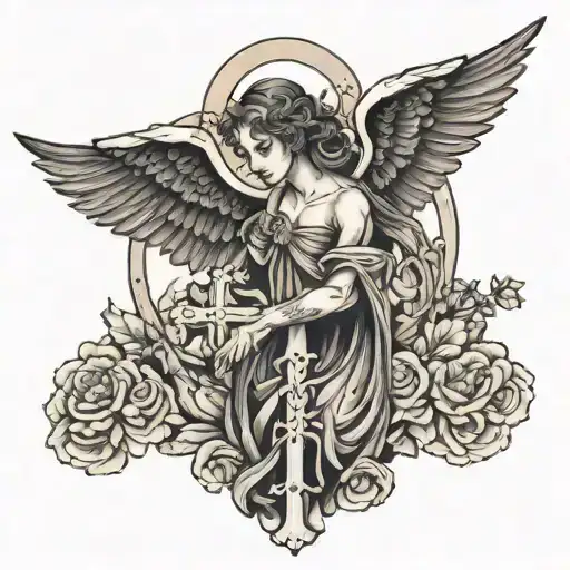 black angel with cross tattoo design idea