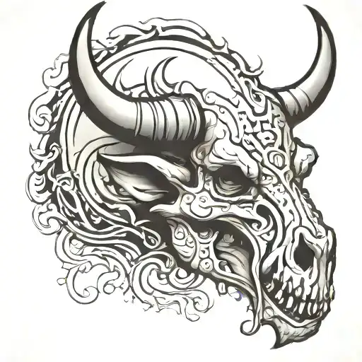 Water Buffalo Skull Side Profile in a mythical tribal look design with smoke flowing barreling out his nostrils tattoo design idea