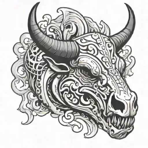 Water Buffalo Skull Side Profile in a mythical tribal look design with smoke flowing barreling out his nostrils tattoo design idea
