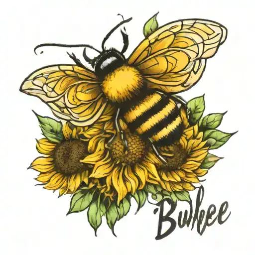 bumble bee and name written underneath her with sunflowers tattoo design idea