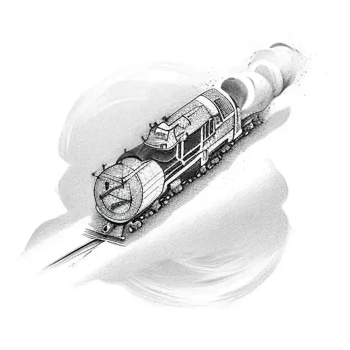 Male tattoo, on the arm, of a train traveling on a track in a sketch style with minimal black shading. tattoo design idea