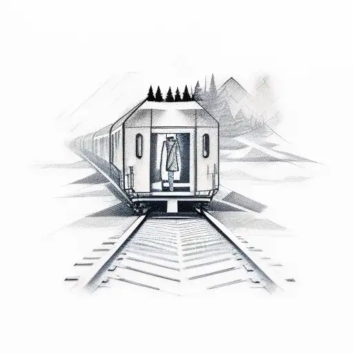 Male tattoo, on the arm, of a train traveling on a track in a sketch style with minimal black shading. tattoo design idea