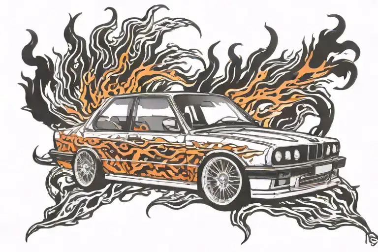 bmw e30 with flames tattoo design idea
