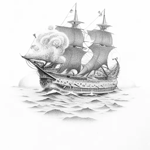 old spanish ship burning tattoo design idea