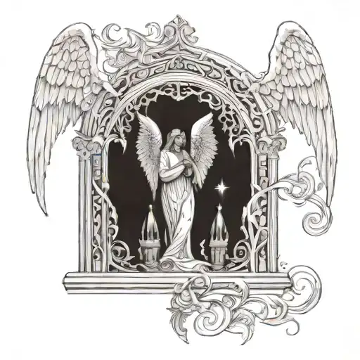 white angels in gothic arches   tattoo design idea
