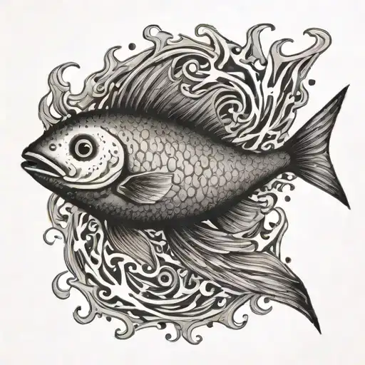 A dotwork tattoo of a fluke fish swimming in a sea of flames, symbolizing the passion for both fishing and cooking tattoo design idea