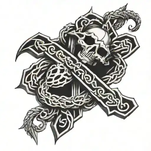 A jesus cross made of intertwined snakes, with a skull in the center tattoo design idea