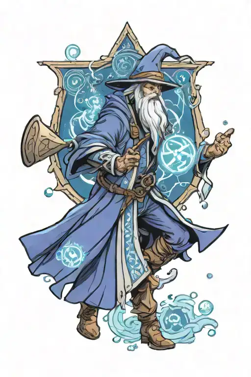 Fantasy Mage with floating runes casting spell tattoo design idea