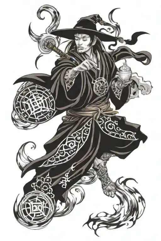 Fantasy Mage with floating runes casting spell tattoo design idea