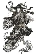 Fantasy Mage with floating runes casting spell tattoo design idea