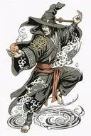Fantasy Mage with floating runes casting spell tattoo design idea