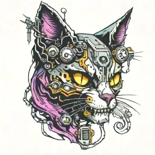 cyberpunk skull cat tattoo design idea