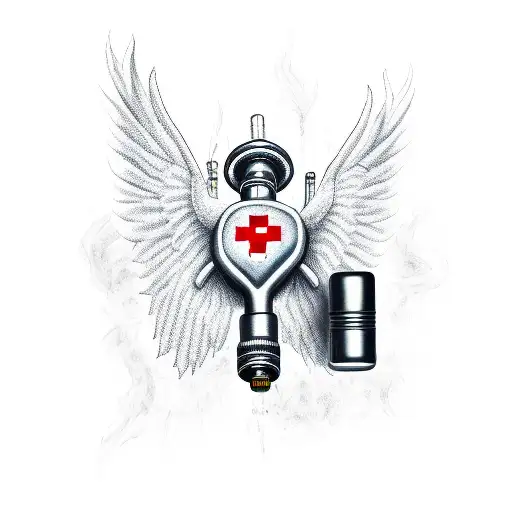 represents firefighter,nurse, background with anatomical heart with wings, axe, syringe wrapped with snakes tattoo design idea