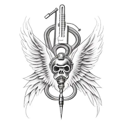 represents firefighter,nurse, background with anatomical heart with wings, axe, syringe wrapped with snakes, symbol of h tattoo design idea