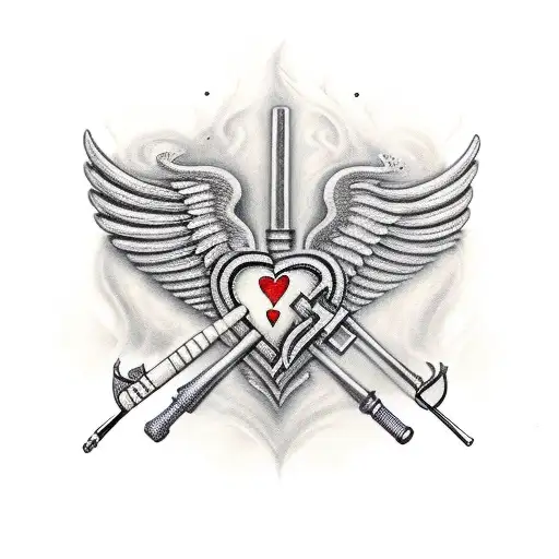 represents firefighter, anatomical heart with wings, axe, syringe wrapped with snakes tattoo design idea