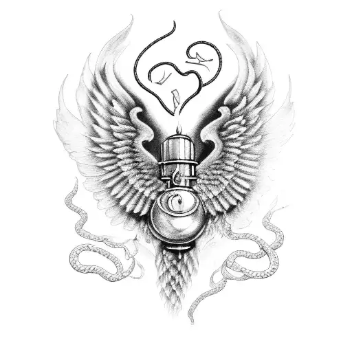 represents firefighter, anatomical heart with wings, ace, syringe wrapper with snakes tattoo design idea