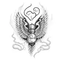 represents firefighter, anatomical heart with wings, ace, syringe wrapper with snakes tattoo design idea