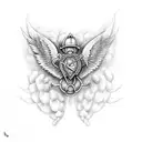 represents firefighter, anatomical heart with wings, ace, syringe wrapper with snakes tattoo design idea