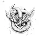 represents firefighter, anatomical heart with wings, ace, syringe wrapper with snakes tattoo design idea