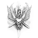 represents firefighter, anatomical heart with wings, ace, syringe wrapper with snakes tattoo design idea